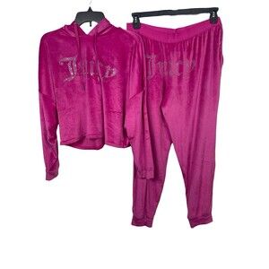 Juicy Couture Pink Velour Cropped Hoodie Jogger Set Rhinestone Logo Tracksuit L